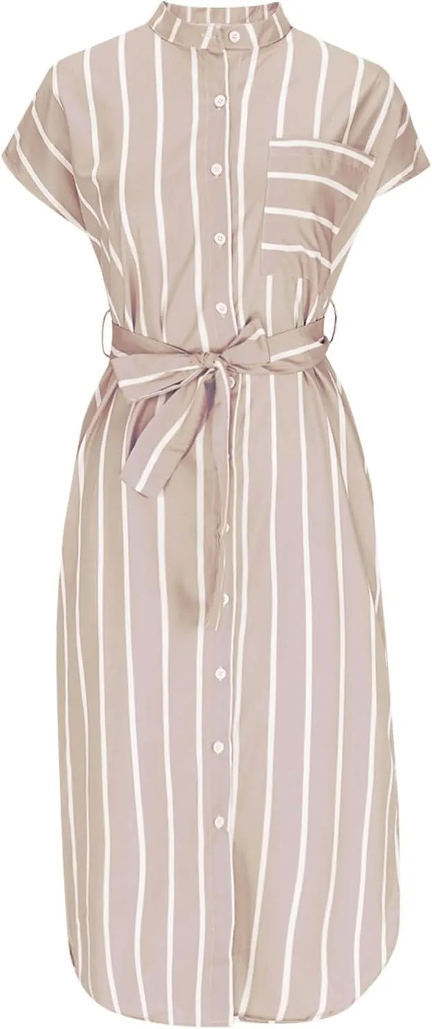 JOAU Womens Button Shirt Dresses with Pockets Casual Striped Lapel Collar Short Sleeve Side Slit Belted Midi Dress Cover Up