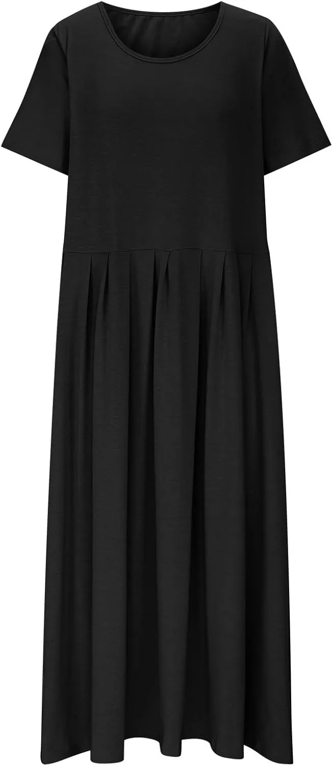 JOAU Womens Short Sleeve Shirt Dress Summer Casual Crew Neck A Line Pleated Flowy Beach Vacation Dresses with Pockets