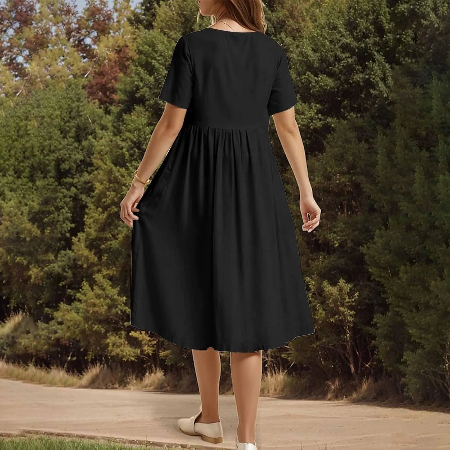 JOAU Womens Short Sleeve Shirt Dress Summer Casual Crew Neck A Line Pleated Flowy Beach Vacation Dresses with Pockets