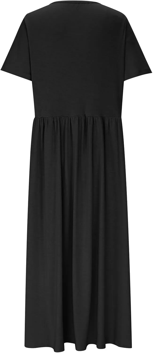JOAU Womens Short Sleeve Shirt Dress Summer Casual Crew Neck A Line Pleated Flowy Beach Vacation Dresses with Pockets