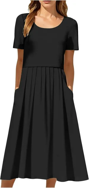 JOAU Womens Short Sleeve Shirt Dress Summer Casual Crew Neck A Line Pleated Flowy Beach Vacation Dresses with Pockets