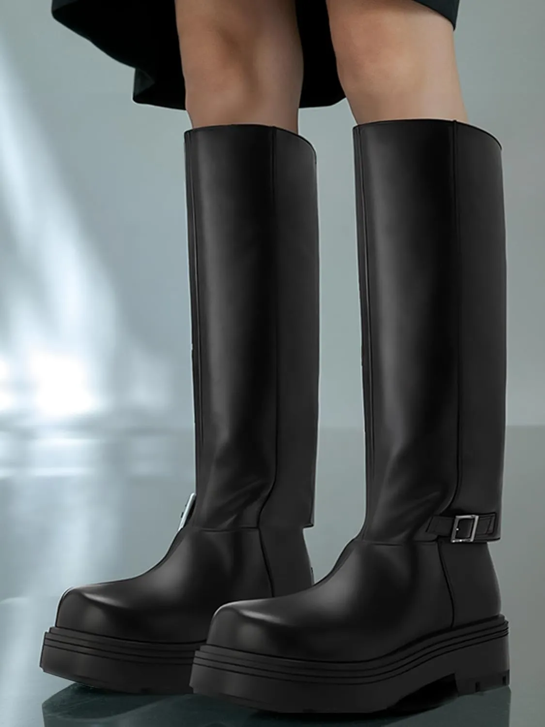 JORISTIMO Womens Knee High Boots Low Chunky Heels Round Clsoed Toe Fold-Over Wide Calf Boots