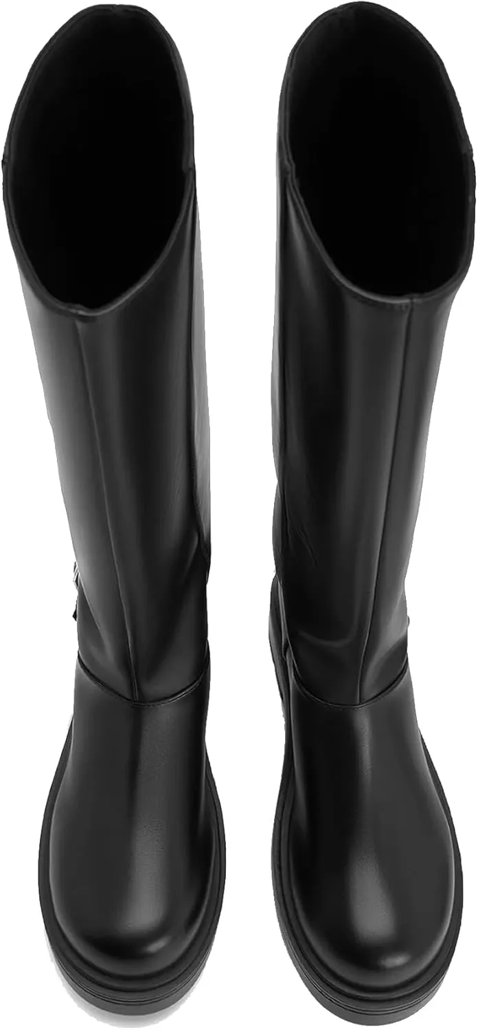 JORISTIMO Womens Knee High Boots Low Chunky Heels Round Clsoed Toe Fold-Over Wide Calf Boots