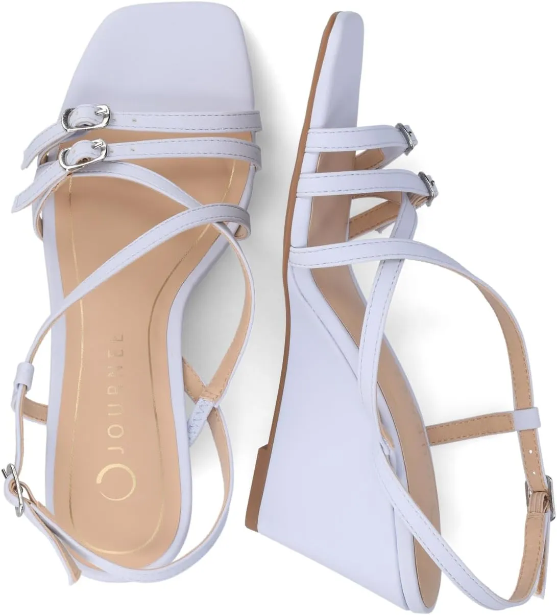 Journee Womens cushioned footbed Clinne Faux Leather Wedge Heel Sandal Ankle Buckle 2-3 Inch Heel Open Toe