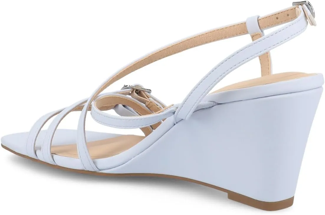 Journee Womens cushioned footbed Clinne Faux Leather Wedge Heel Sandal Ankle Buckle 2-3 Inch Heel Open Toe