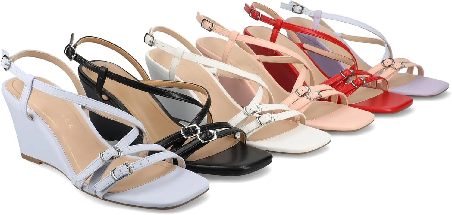 Journee Womens cushioned footbed Clinne Faux Leather Wedge Heel Sandal Ankle Buckle 2-3 Inch Heel Open Toe