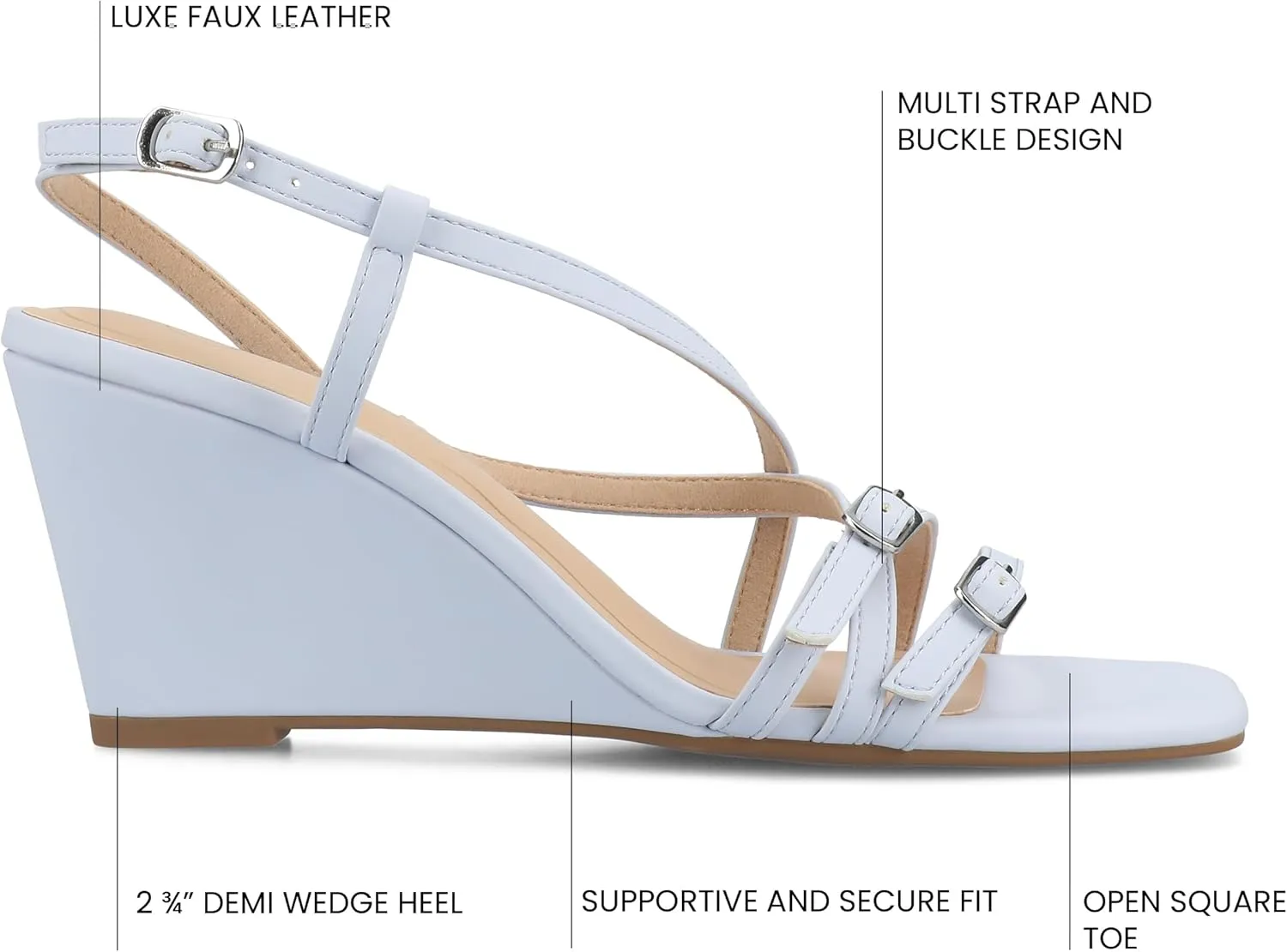 Journee Womens cushioned footbed Clinne Faux Leather Wedge Heel Sandal Ankle Buckle 2-3 Inch Heel Open Toe