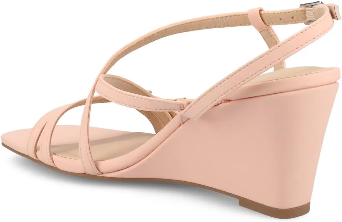Journee Womens cushioned footbed Clinne Faux Leather Wedge Heel Sandal Ankle Buckle 2-3 Inch Heel Open Toe