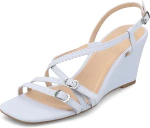 Journee Womens cushioned footbed Clinne Faux Leather Wedge Heel Sandal Ankle Buckle 2-3 Inch Heel Open Toe