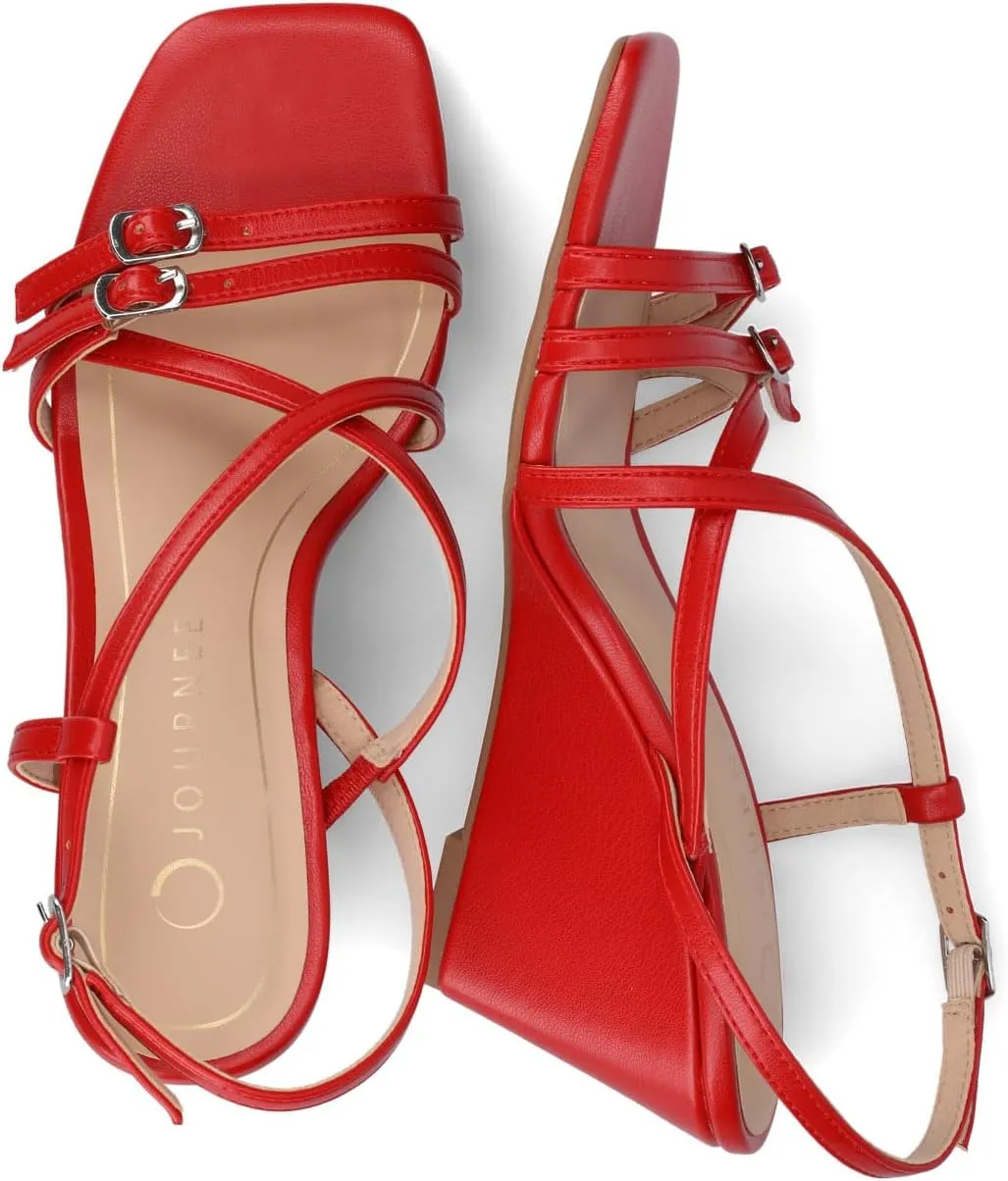 Journee Womens cushioned footbed Clinne Faux Leather Wedge Heel Sandal Ankle Buckle 2-3 Inch Heel Open Toe