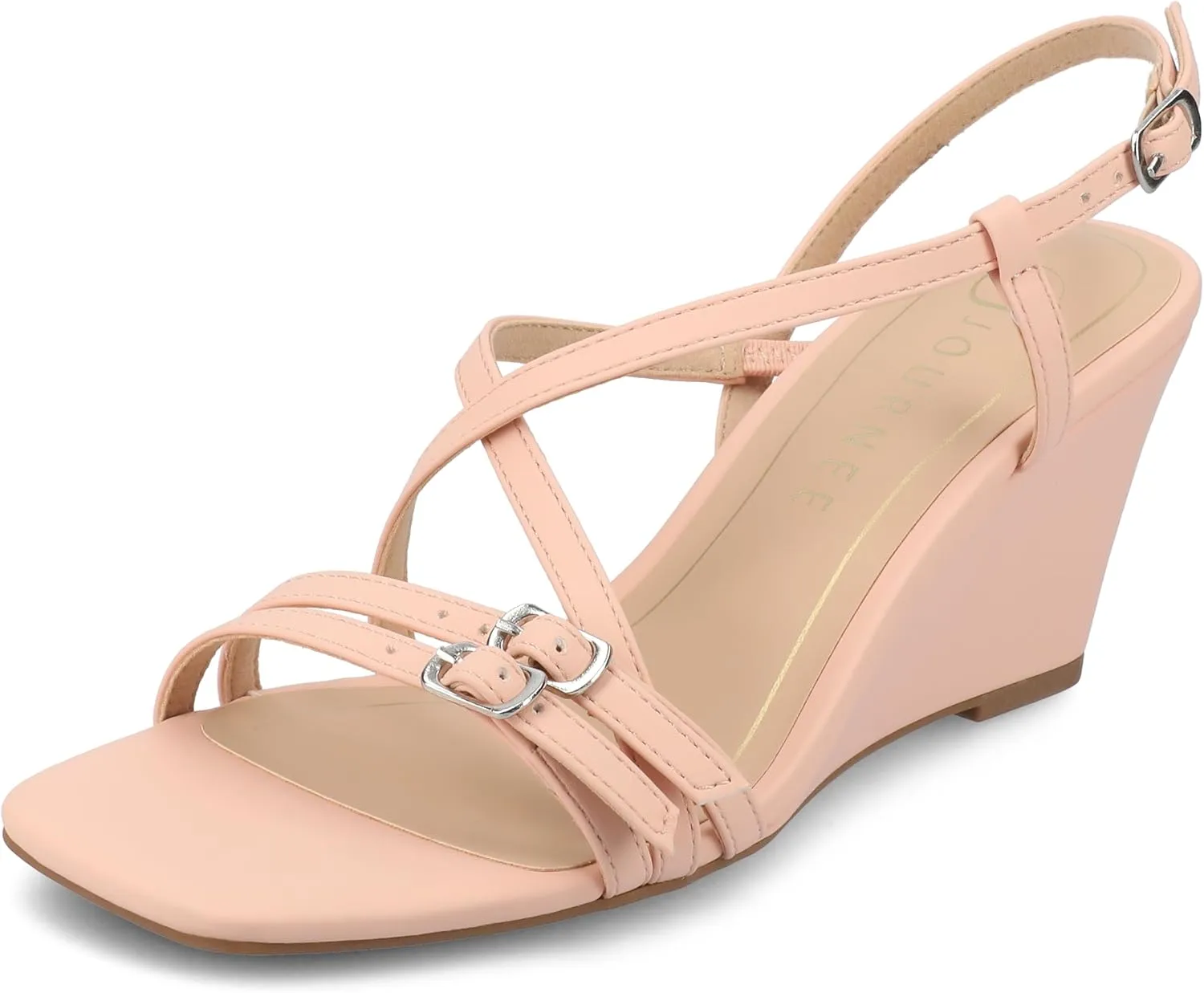Journee Womens cushioned footbed Clinne Faux Leather Wedge Heel Sandal Ankle Buckle 2-3 Inch Heel Open Toe