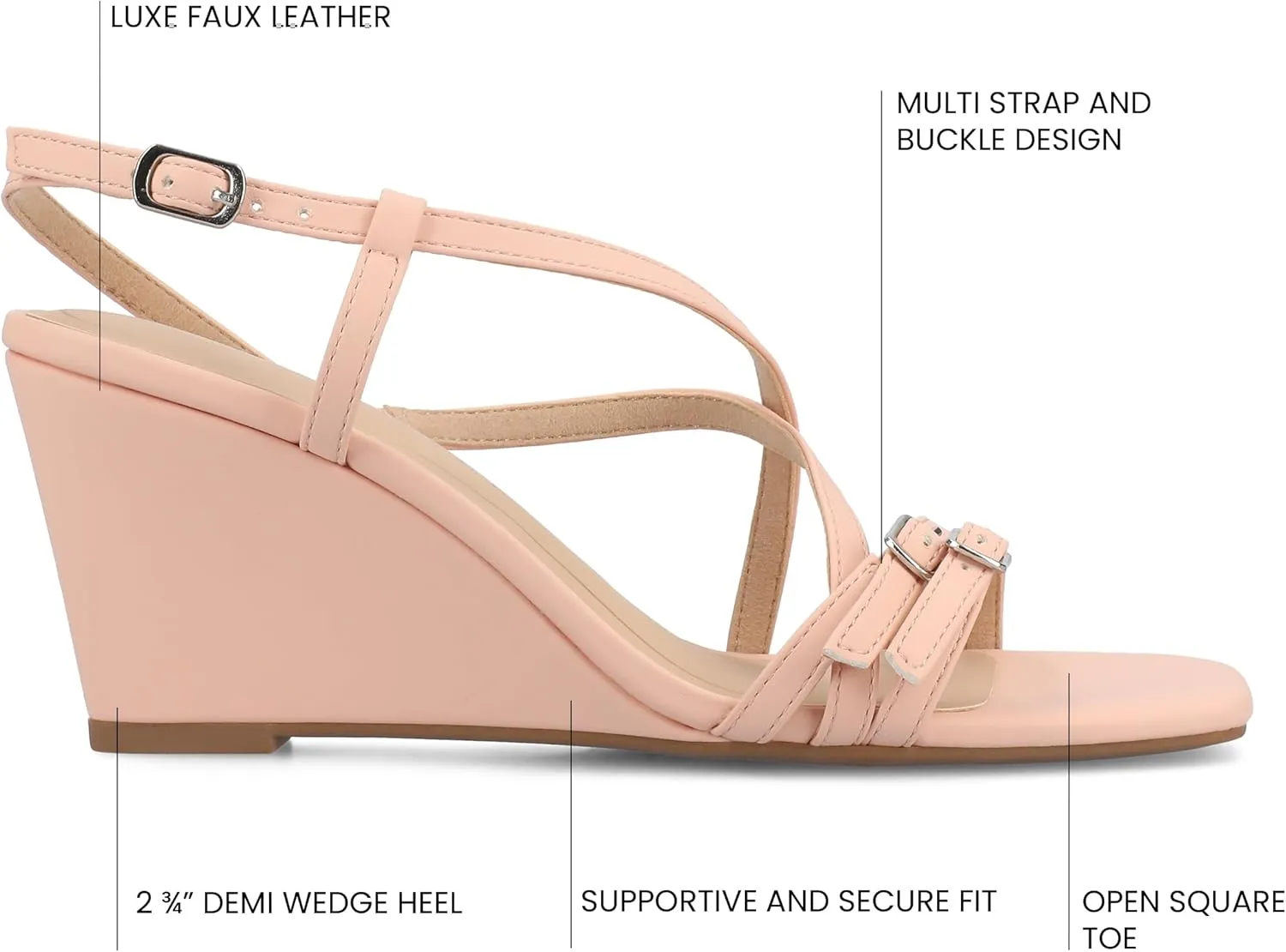 Journee Womens cushioned footbed Clinne Faux Leather Wedge Heel Sandal Ankle Buckle 2-3 Inch Heel Open Toe