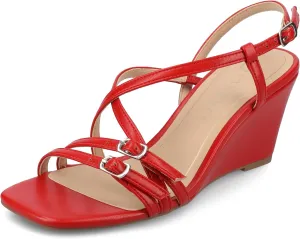 Journee Womens cushioned footbed Clinne Faux Leather Wedge Heel Sandal Ankle Buckle 2-3 Inch Heel Open Toe