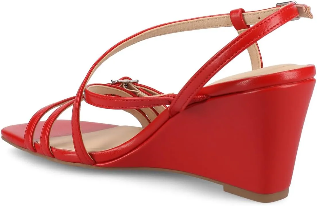 Journee Womens cushioned footbed Clinne Faux Leather Wedge Heel Sandal Ankle Buckle 2-3 Inch Heel Open Toe