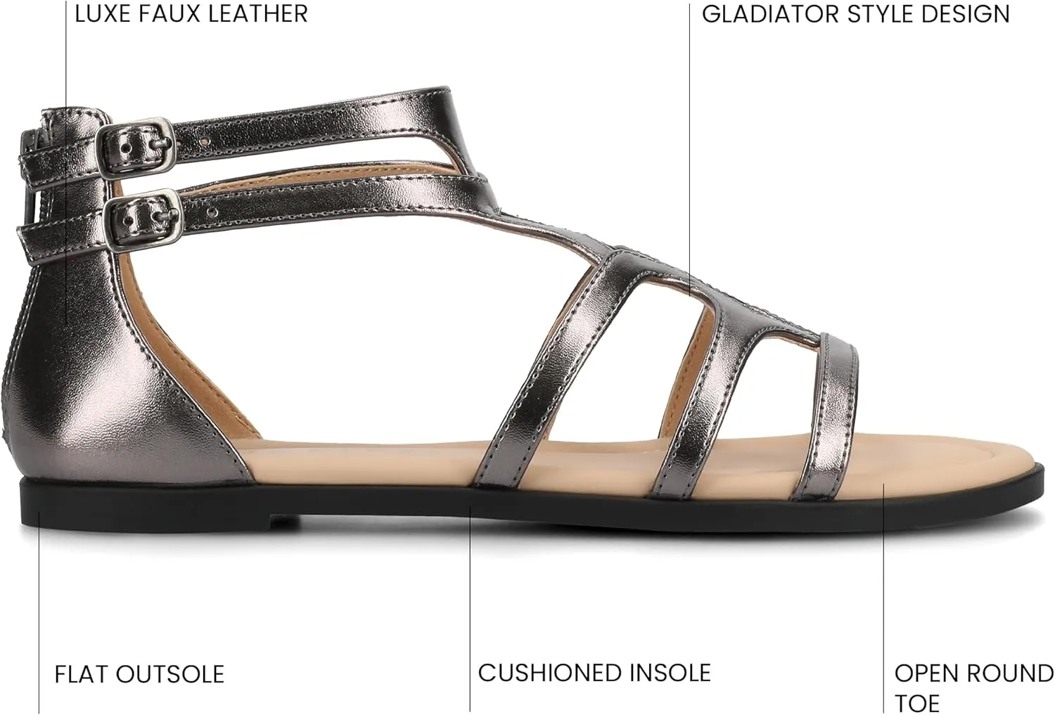 Journee Womens cushioned footbeds Genneva Gladiator Sandal flat sole ankle bucke multi strap open toe