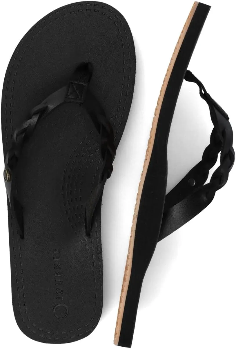 Journee Womens flip-flop sandal slide on cushioned footbed faux leather braided strap flat sole