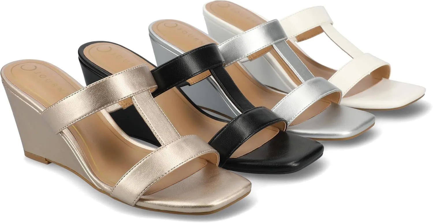 Journee Womens Wedge Heel Sandal Clodie cushioned footbed Faux Leather T Strap Open Toe