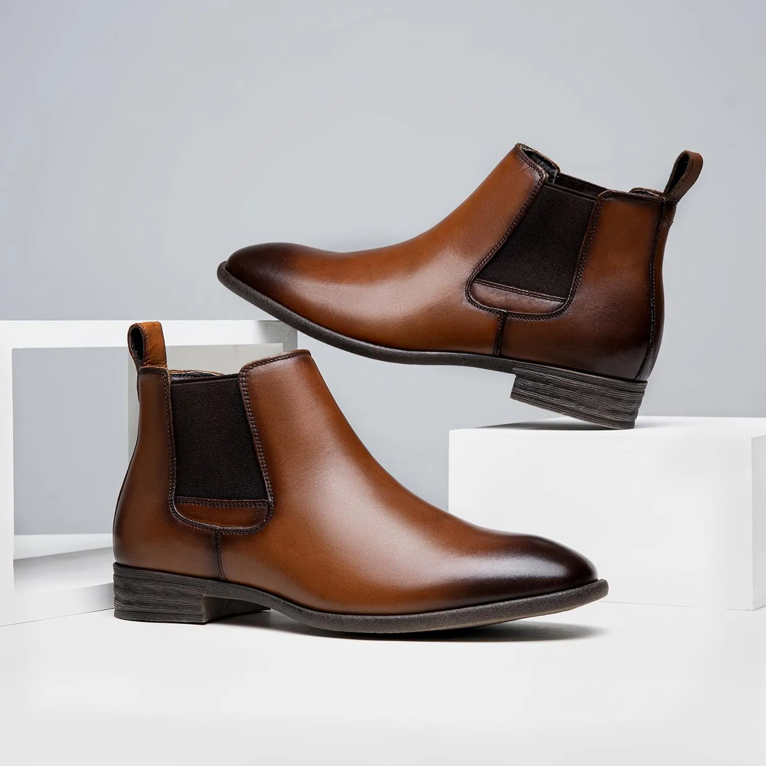 Jousen Men's Chelsea Boots Leather Lightweight Casual Chukka Ankle Boots Classic Elastic Dress Boots for Men