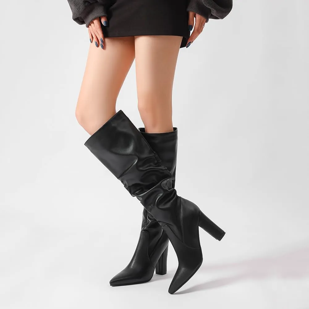 JOZHAMTA Tall Brown Boots For Women Knee High Boots Chunky High Heels Pointed Toe Long Boots Dressy
