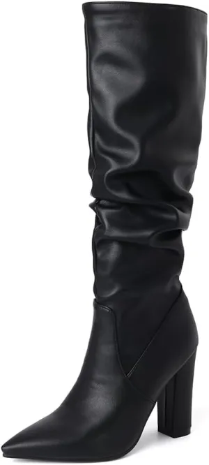 JOZHAMTA Tall Brown Boots For Women Knee High Boots Chunky High Heels Pointed Toe Long Boots Dressy
