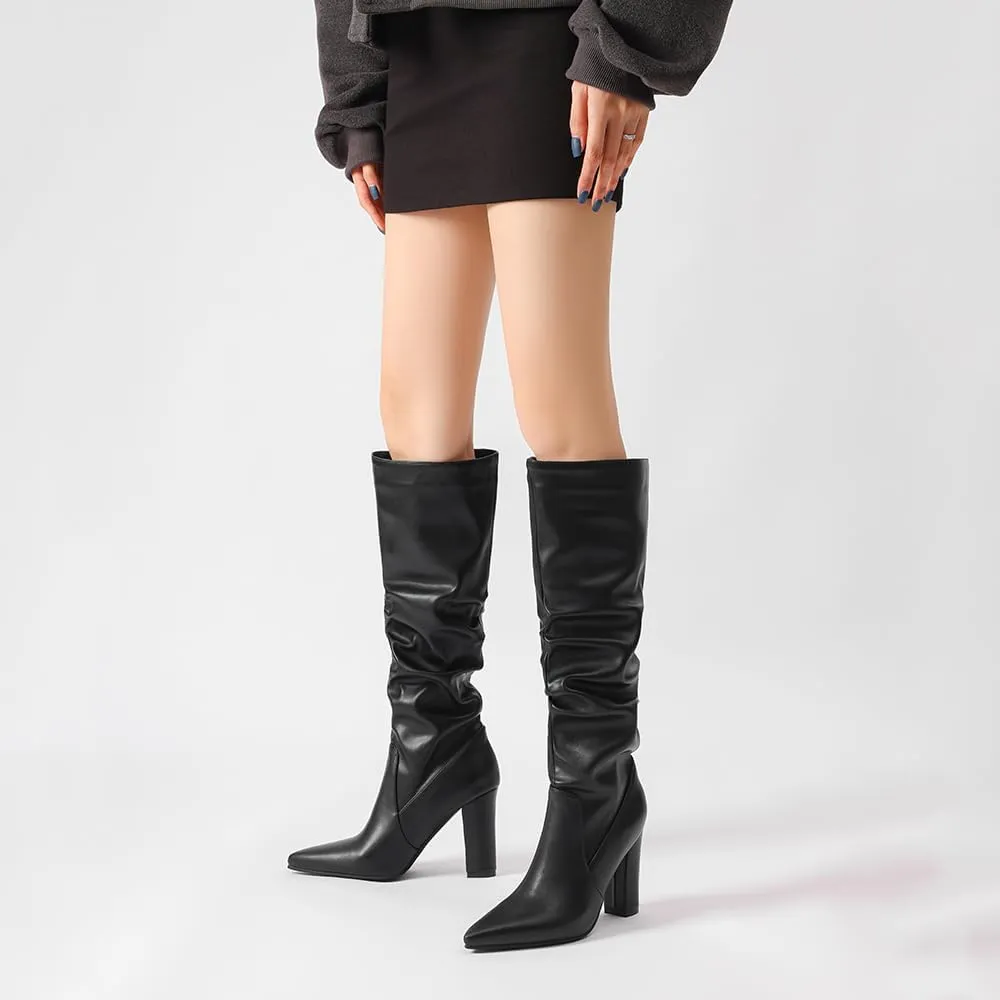 JOZHAMTA Tall Brown Boots For Women Knee High Boots Chunky High Heels Pointed Toe Long Boots Dressy