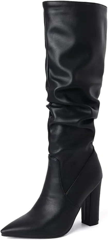JOZHAMTA Tall Brown Boots For Women Knee High Boots Chunky High Heels Pointed Toe Long Boots Dressy