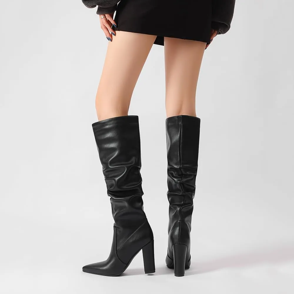 JOZHAMTA Tall Brown Boots For Women Knee High Boots Chunky High Heels Pointed Toe Long Boots Dressy