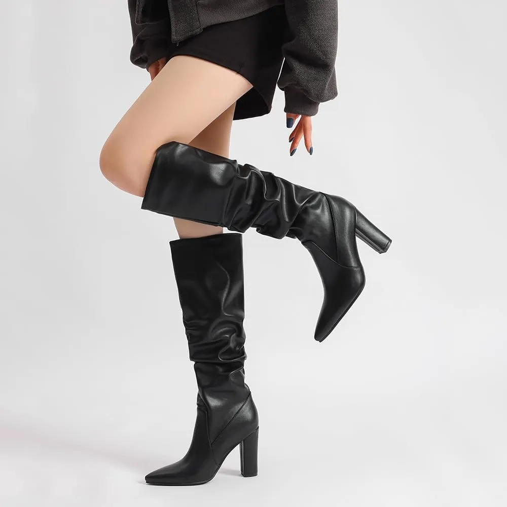 JOZHAMTA Tall Brown Boots For Women Knee High Boots Chunky High Heels Pointed Toe Long Boots Dressy