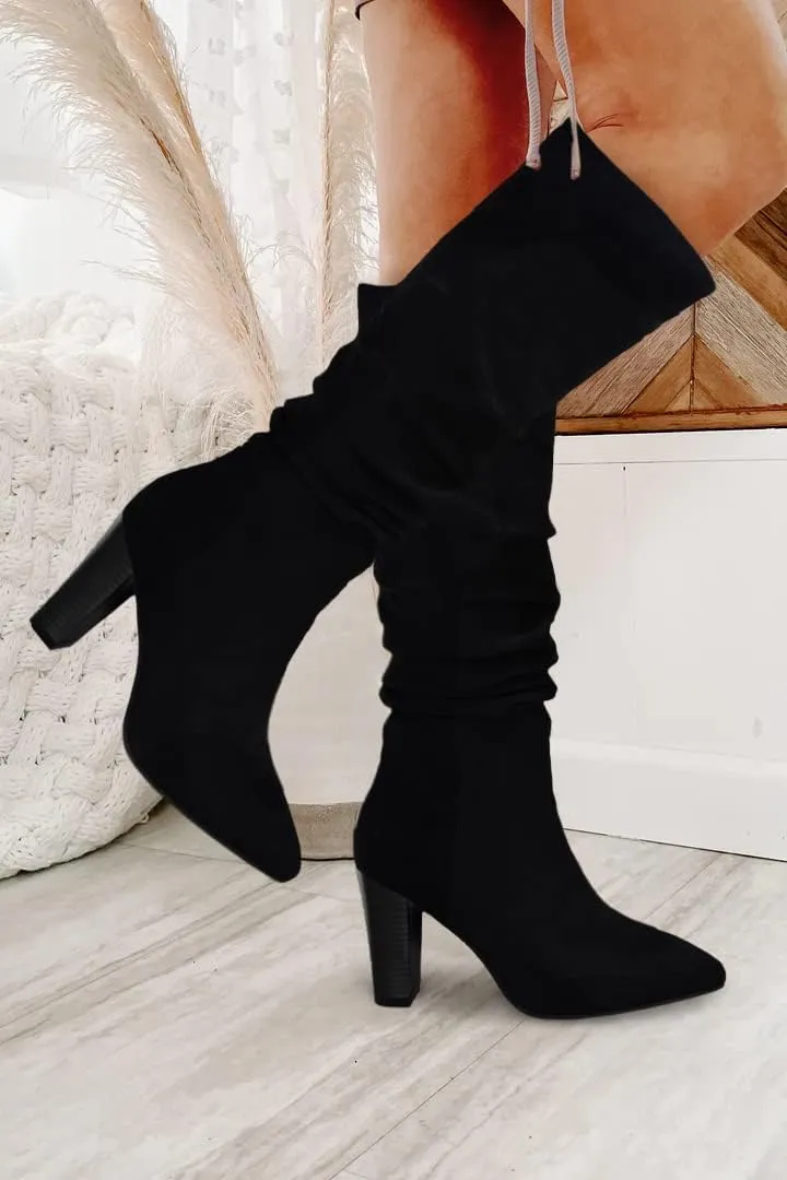 Juliet Holy Womens Knee High Boots Pointed Toe Pull On Chunky Heel Winter Booties