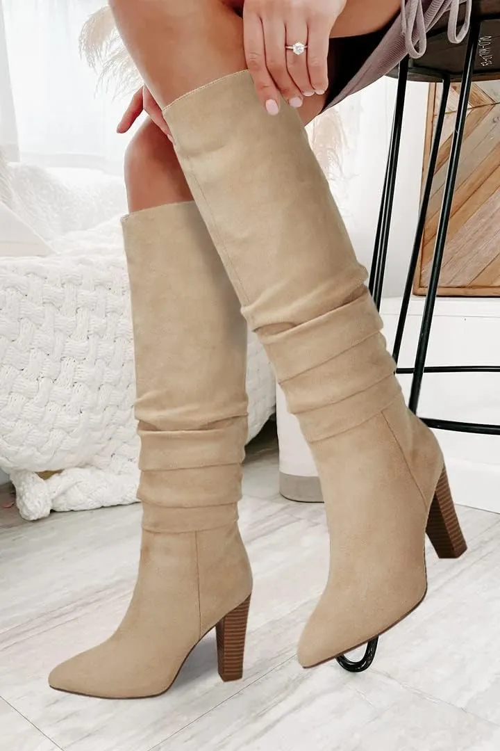 Juliet Holy Womens Knee High Boots Pointed Toe Pull On Chunky Heel Winter Booties