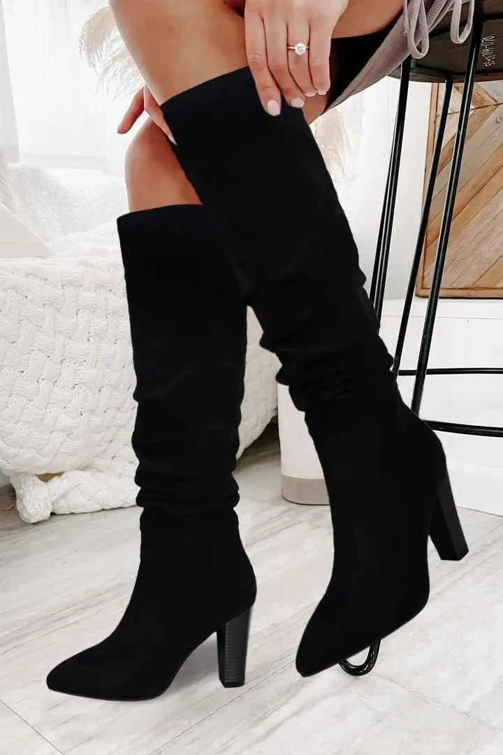 Juliet Holy Womens Knee High Boots Pointed Toe Pull On Chunky Heel Winter Booties