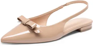JustFab Women's Slingback Flats Pointed Toe Low Heel Sandals with Bow Fashion Dress Shoes for Women