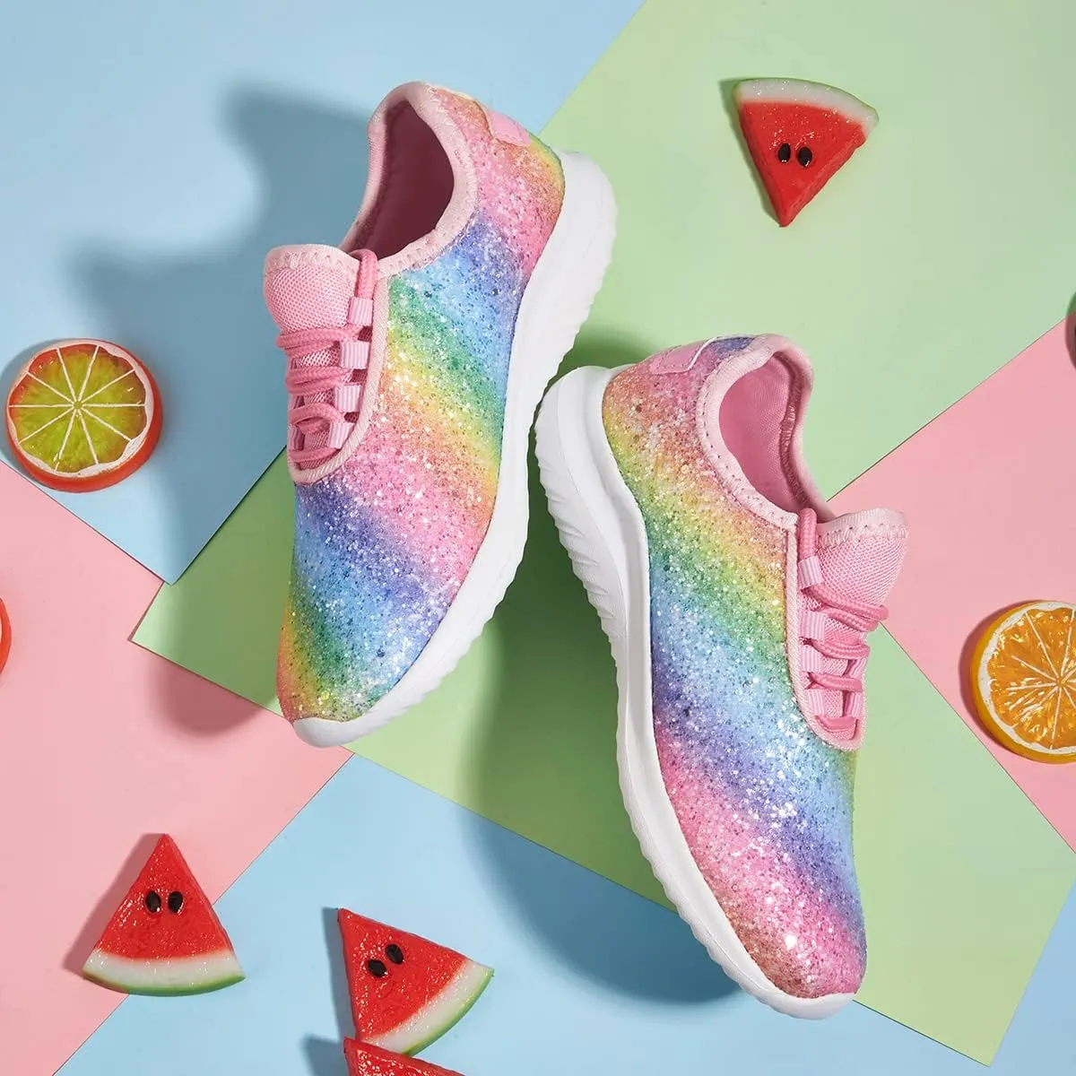 K KIP WOK Girls Glitter Sneakers Sparkle Slip On Walking Shoes for Kids/Children Breathable Running Sneakers