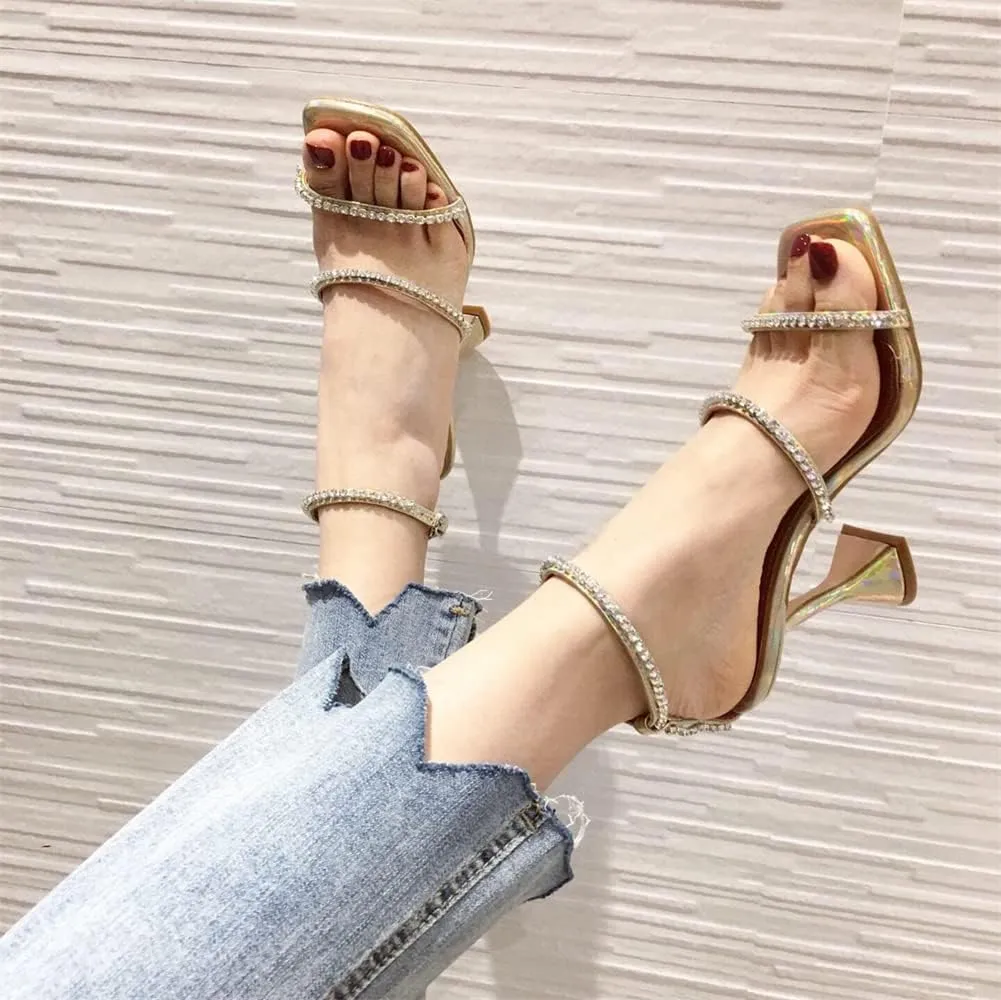 keleimusi Diamante Strap Heeled Sandals for Women Ankle Strappy Flared High Heels 4 Inches