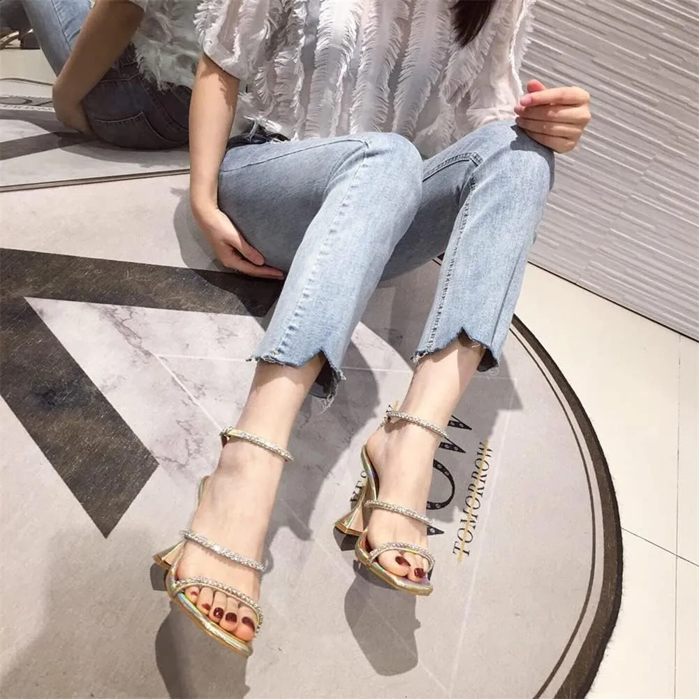 keleimusi Diamante Strap Heeled Sandals for Women Ankle Strappy Flared High Heels 4 Inches