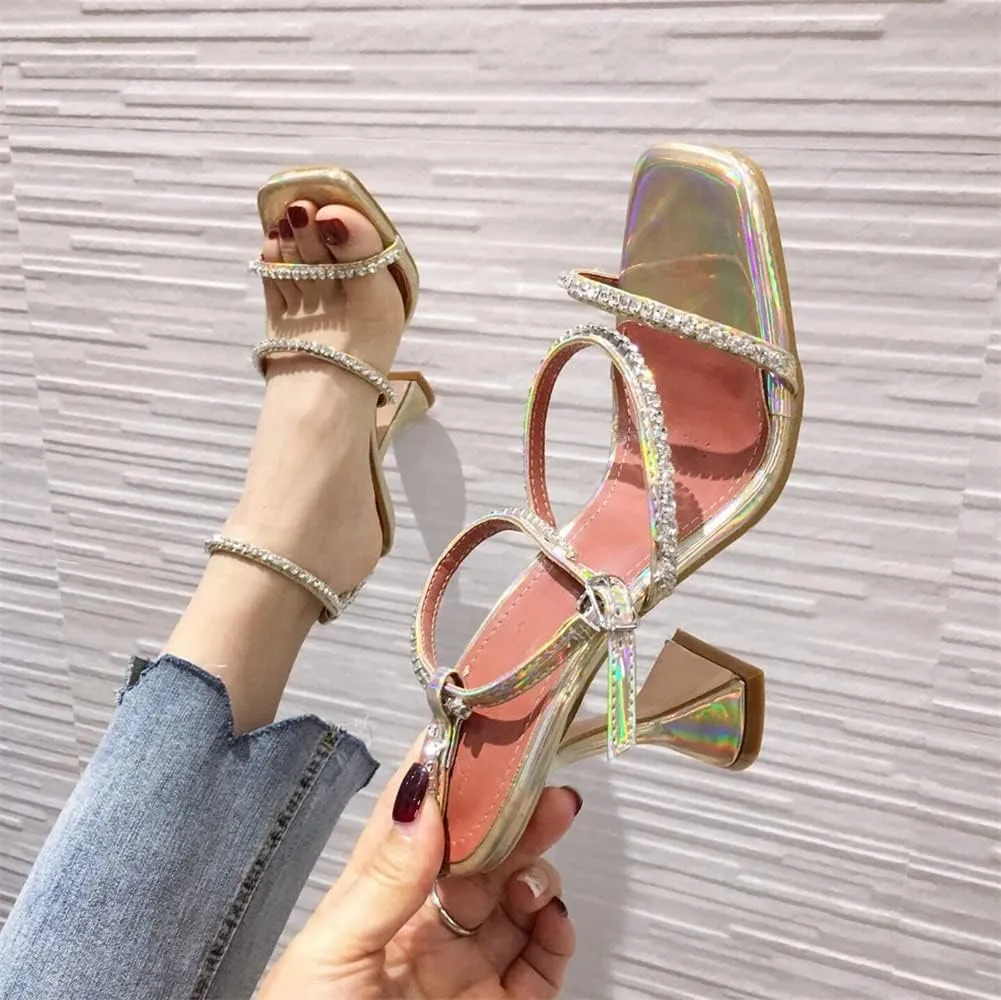 keleimusi Diamante Strap Heeled Sandals for Women Ankle Strappy Flared High Heels 4 Inches