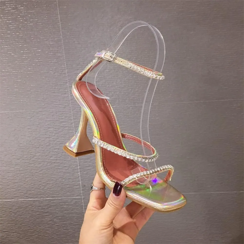 keleimusi Diamante Strap Heeled Sandals for Women Ankle Strappy Flared High Heels 4 Inches