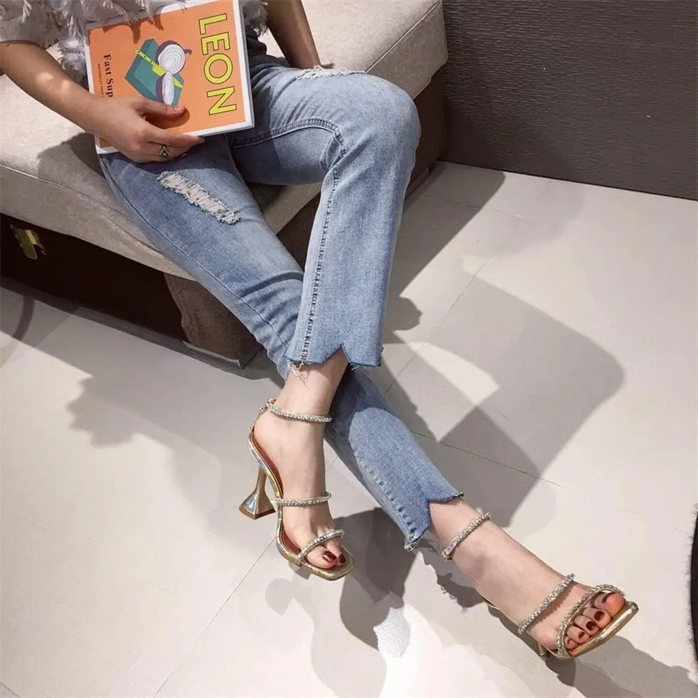 keleimusi Diamante Strap Heeled Sandals for Women Ankle Strappy Flared High Heels 4 Inches