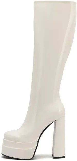 keleimusi Womens Chunky Platform Boots Knee High Block Heels Square Toe Tall Shoes