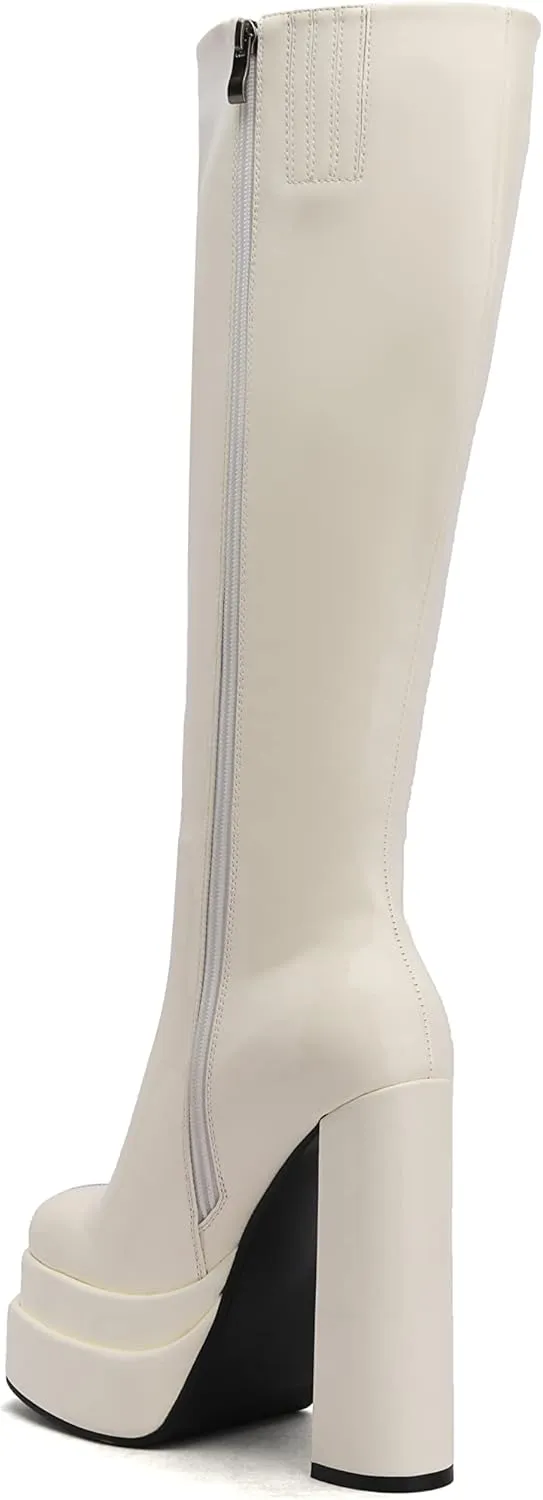 keleimusi Womens Chunky Platform Boots Knee High Block Heels Square Toe Tall Shoes