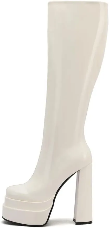 keleimusi Womens Chunky Platform Boots Knee High Block Heels Square Toe Tall Shoes