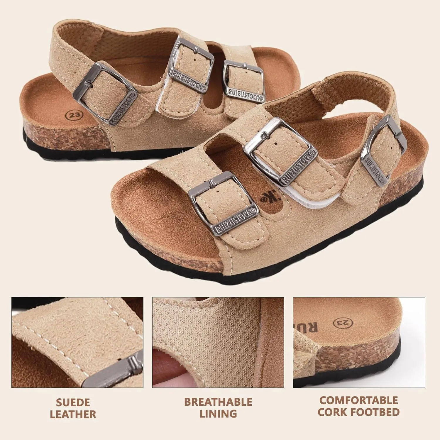Kid Sandals Boys Girls Comfort Cork Footbed Summer Slides Sandals Toddler Adjustable Buckle Slip-On Sandal Open Toes Casual Flat for Little Kid/Big Kid
