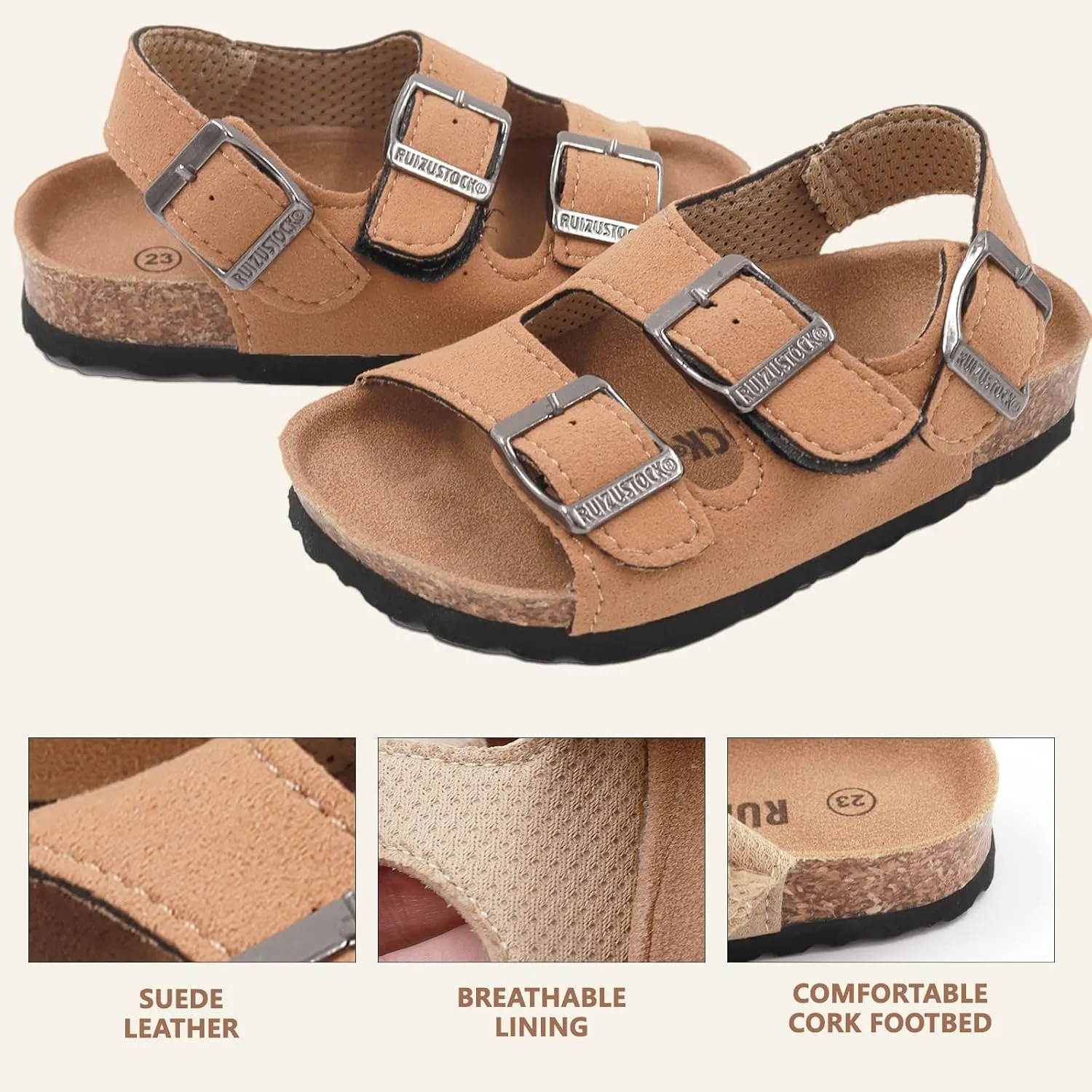 Kid Sandals Boys Girls Comfort Cork Footbed Summer Slides Sandals Toddler Adjustable Buckle Slip-On Sandal Open Toes Casual Flat for Little Kid/Big Kid