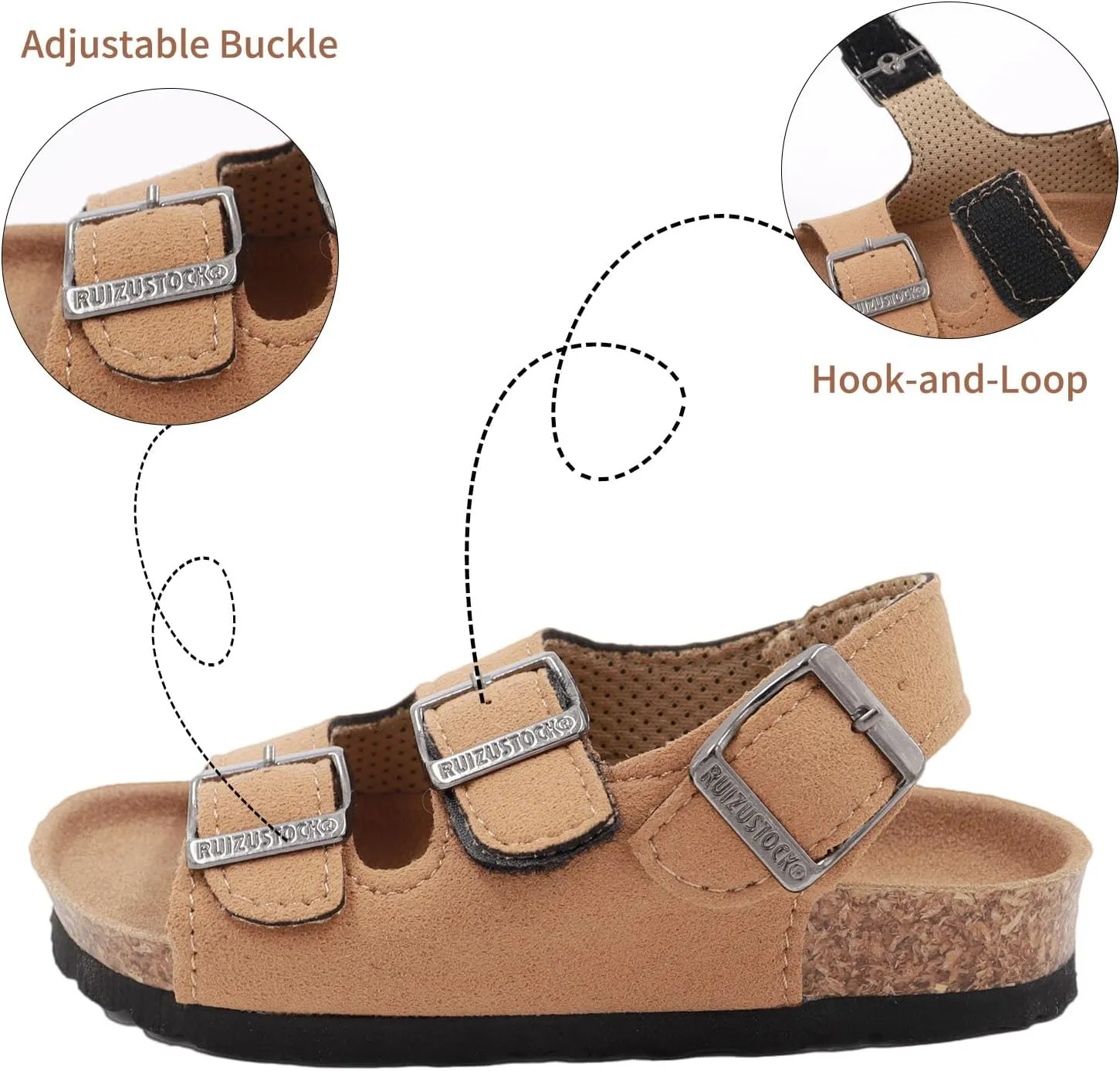 Kid Sandals Boys Girls Comfort Cork Footbed Summer Slides Sandals Toddler Adjustable Buckle Slip-On Sandal Open Toes Casual Flat for Little Kid/Big Kid