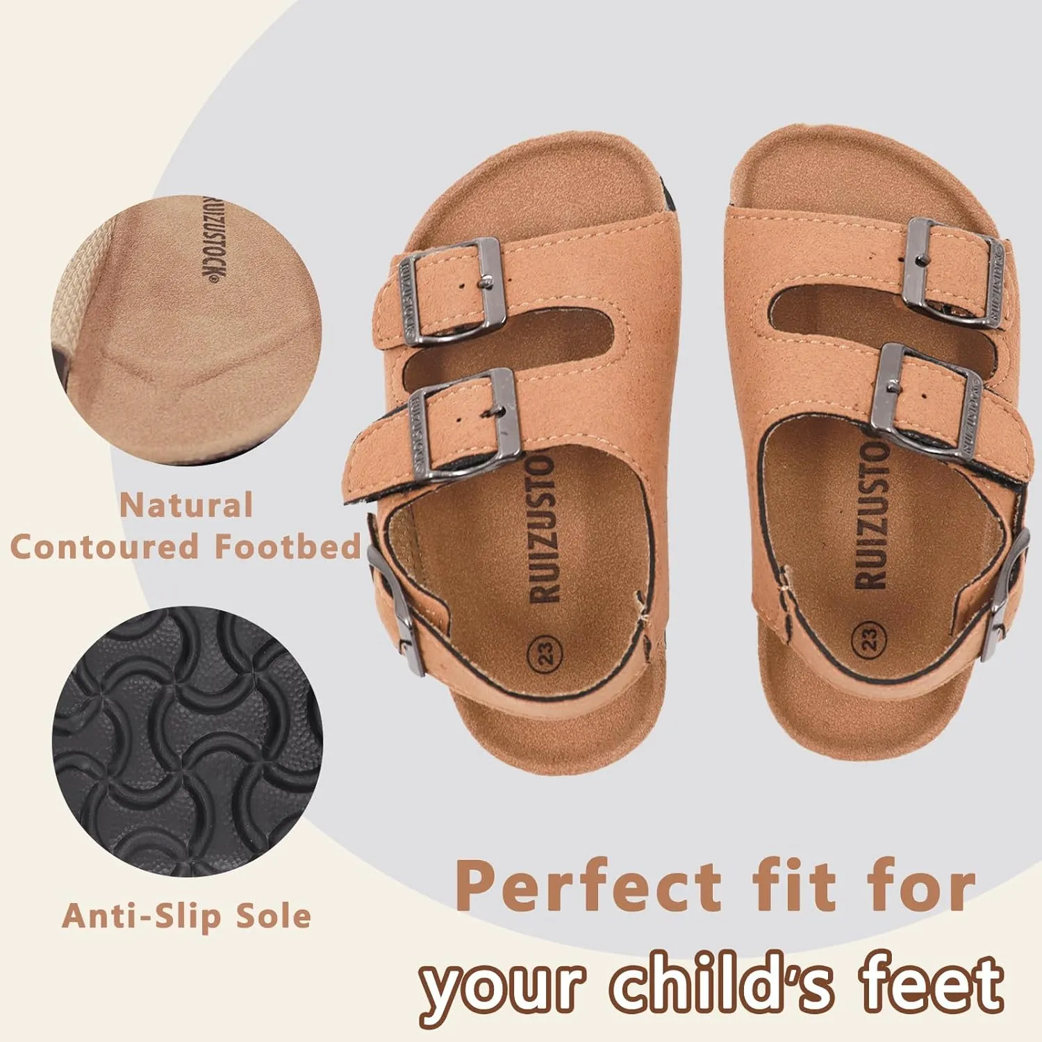 Kid Sandals Boys Girls Comfort Cork Footbed Summer Slides Sandals Toddler Adjustable Buckle Slip-On Sandal Open Toes Casual Flat for Little Kid/Big Kid