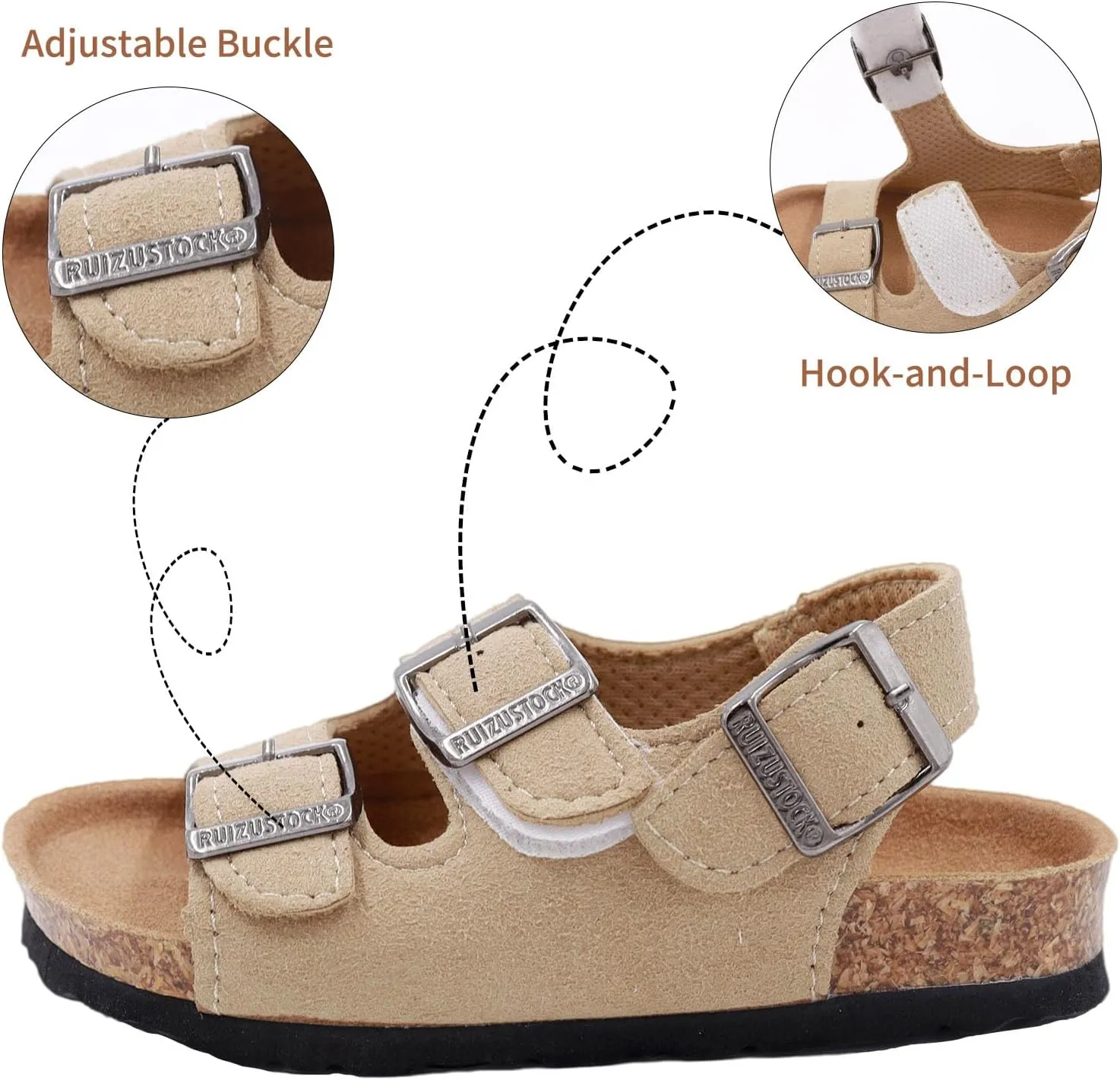 Kid Sandals Boys Girls Comfort Cork Footbed Summer Slides Sandals Toddler Adjustable Buckle Slip-On Sandal Open Toes Casual Flat for Little Kid/Big Kid