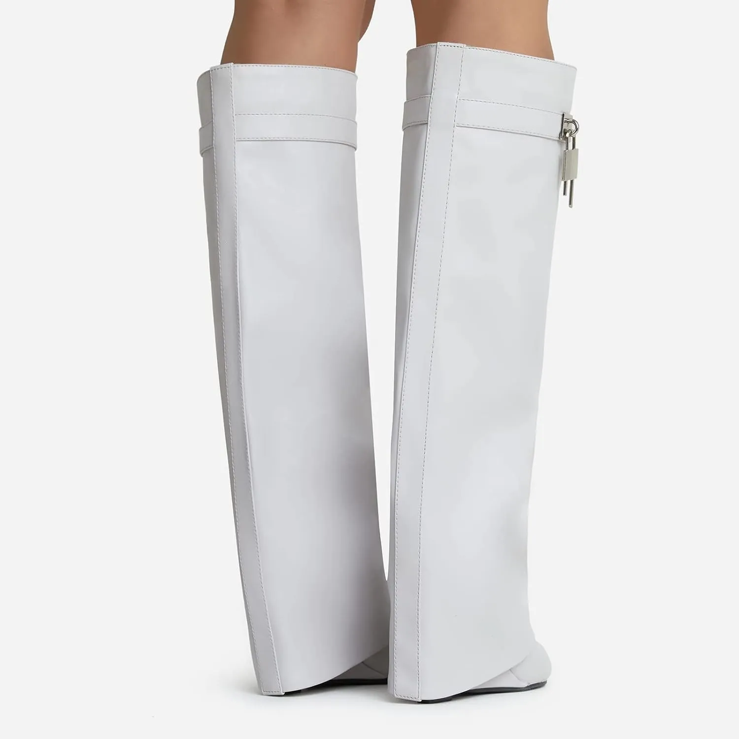 Kluolandi Women's Fold Over Knee High Boots with Metal Padlock Covered Wedge Heel Wide Calf Pull On Boots