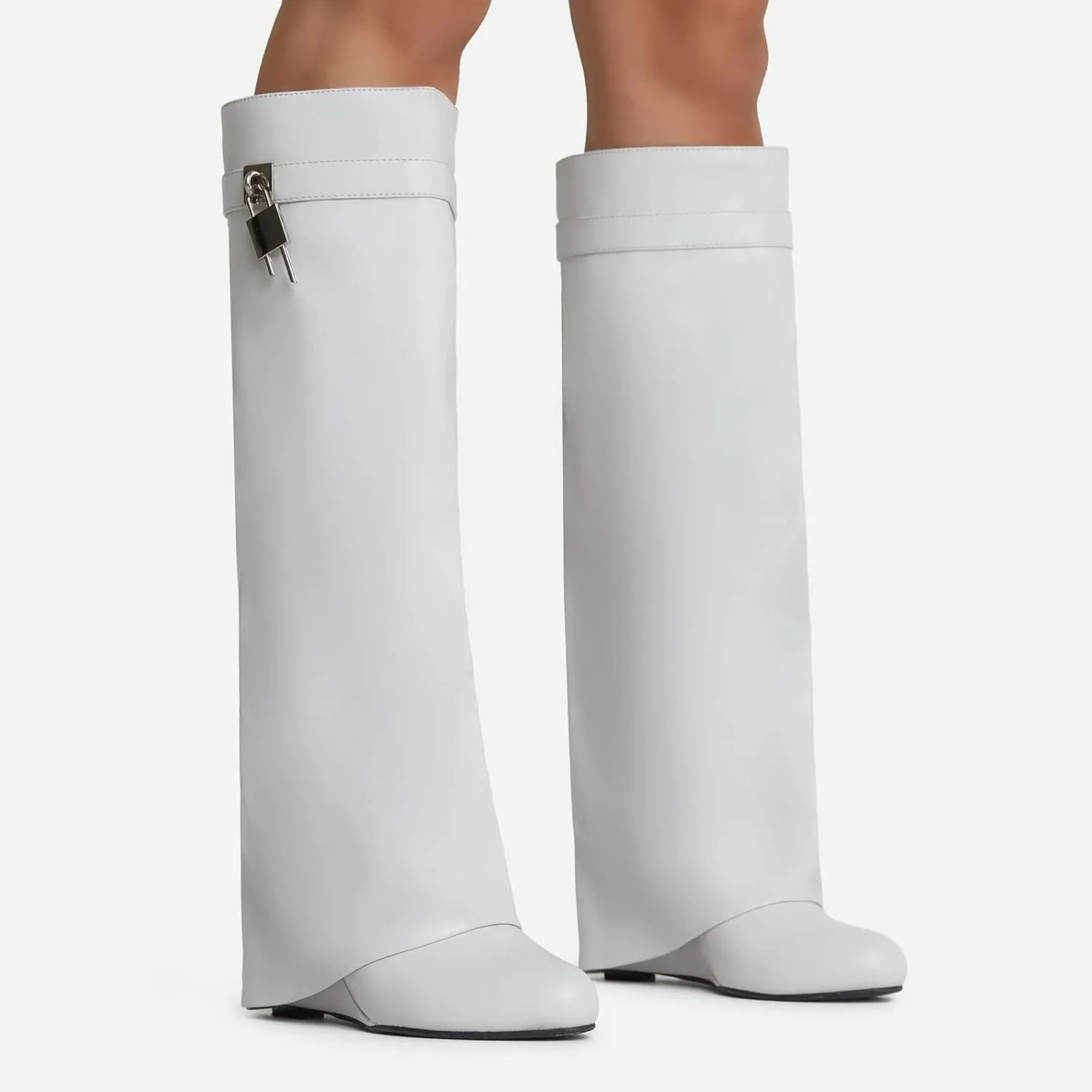 Kluolandi Women's Fold Over Knee High Boots with Metal Padlock Covered Wedge Heel Wide Calf Pull On Boots