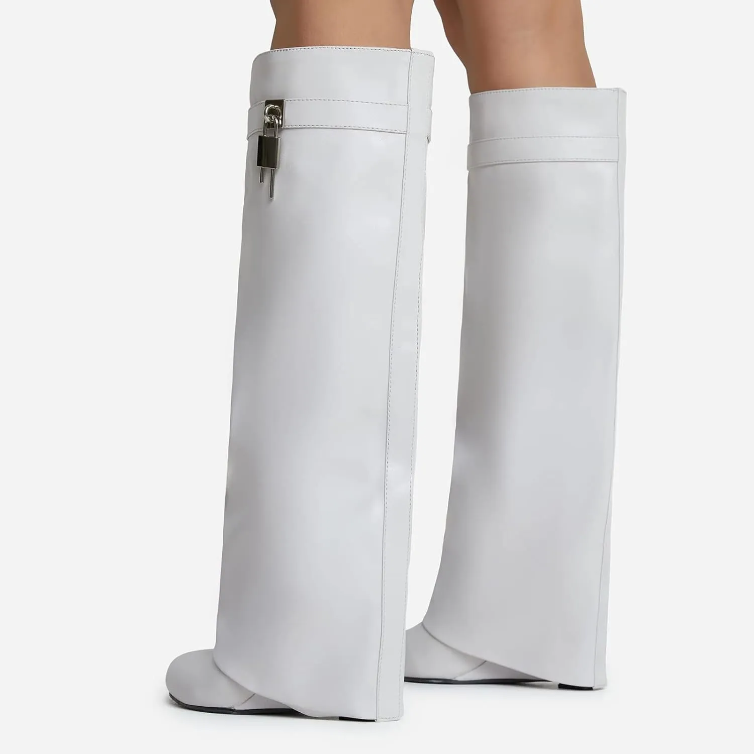 Kluolandi Women's Fold Over Knee High Boots with Metal Padlock Covered Wedge Heel Wide Calf Pull On Boots