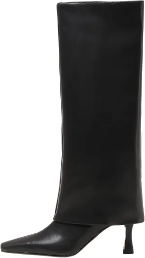 Kluolandi Women's Stiletto High Heel Knee High Boots Pointed Toe Fold Over Boots for Women Knee High Dress Shoes